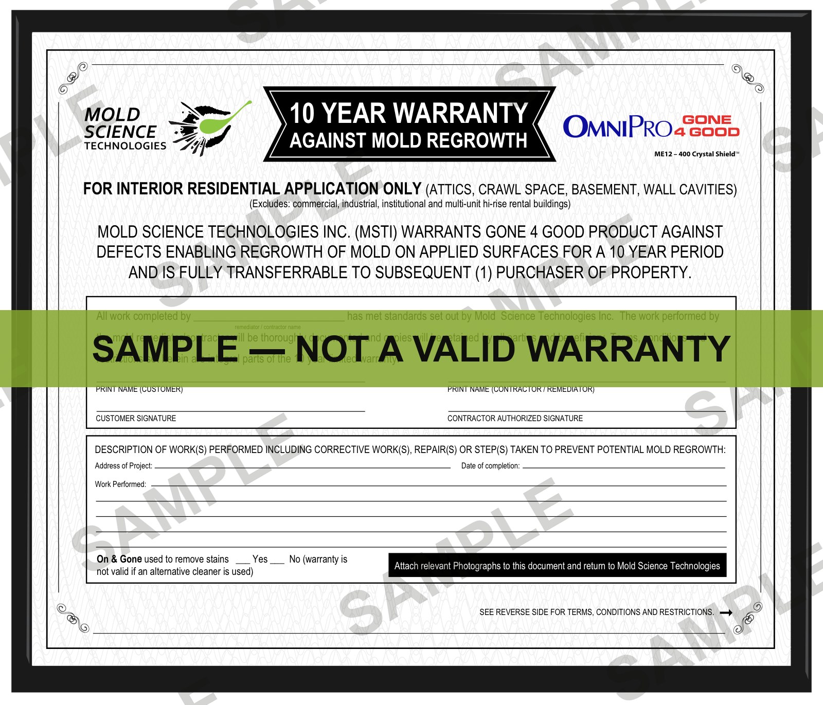 Sample of the OmniPro Gone 4 Good 10-year warranty certificate, watermarked